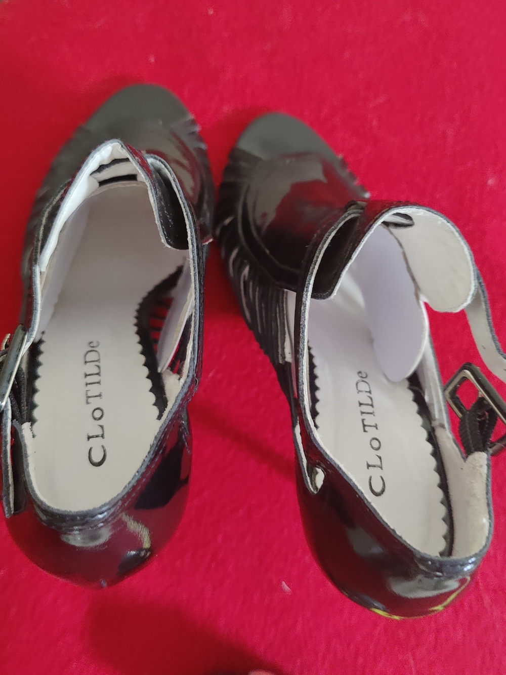 Clotilde Black Patent Leather Cage Heels, size 8